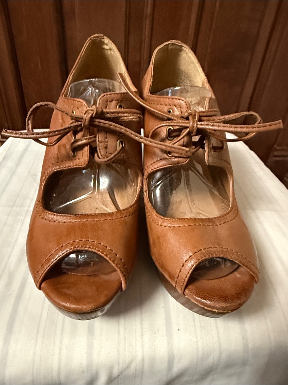 Miz Mooz Women’s Brown Peep-Toe Lace-Up Heels